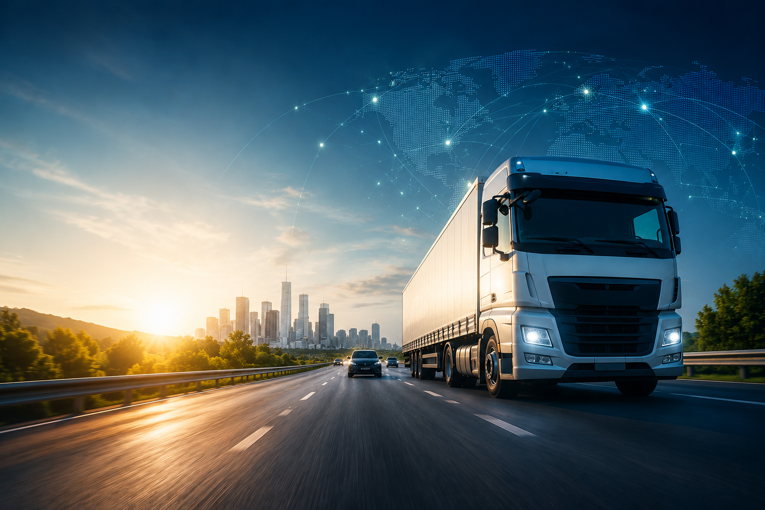 Cinematic highway shot with global fleet connectivity overlay